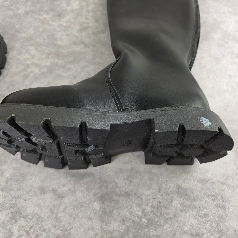 Kids Black Bow Detail Tall Lug Sole Boots Rear Zip Platform Size 33 S1890